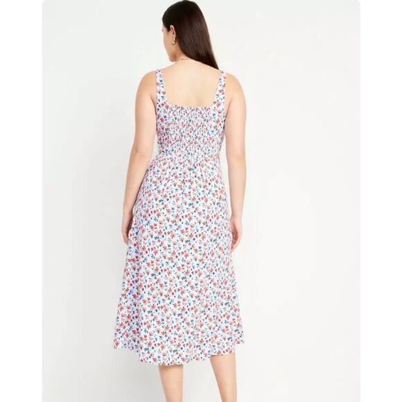 Old Navy Linen Blend Fit & Flare Floral Midi Dress Sz M Peasant Cottagecore - Picture 6 of 13